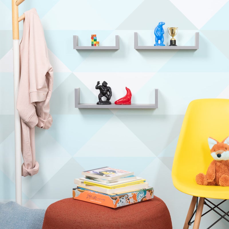 Greenco Set of 3 Floating â€œUâ€ Shelves, Easy-to-Assemble Floating Wall Mount Shelves for Bedrooms and Living Rooms, Grey Finish - Image 5